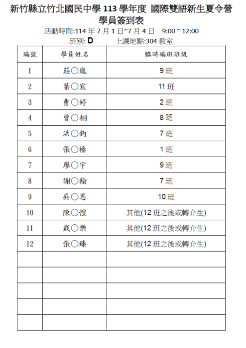 【教務處】114學年度竹北國中新生雙語夏令營錄取名單圖片